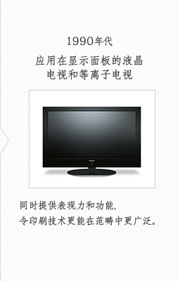 1990年代 应用在显示面板的液晶电视和等离子电视. 同时提供表现力和功能, 令印刷技术更能在范畴中更广泛.